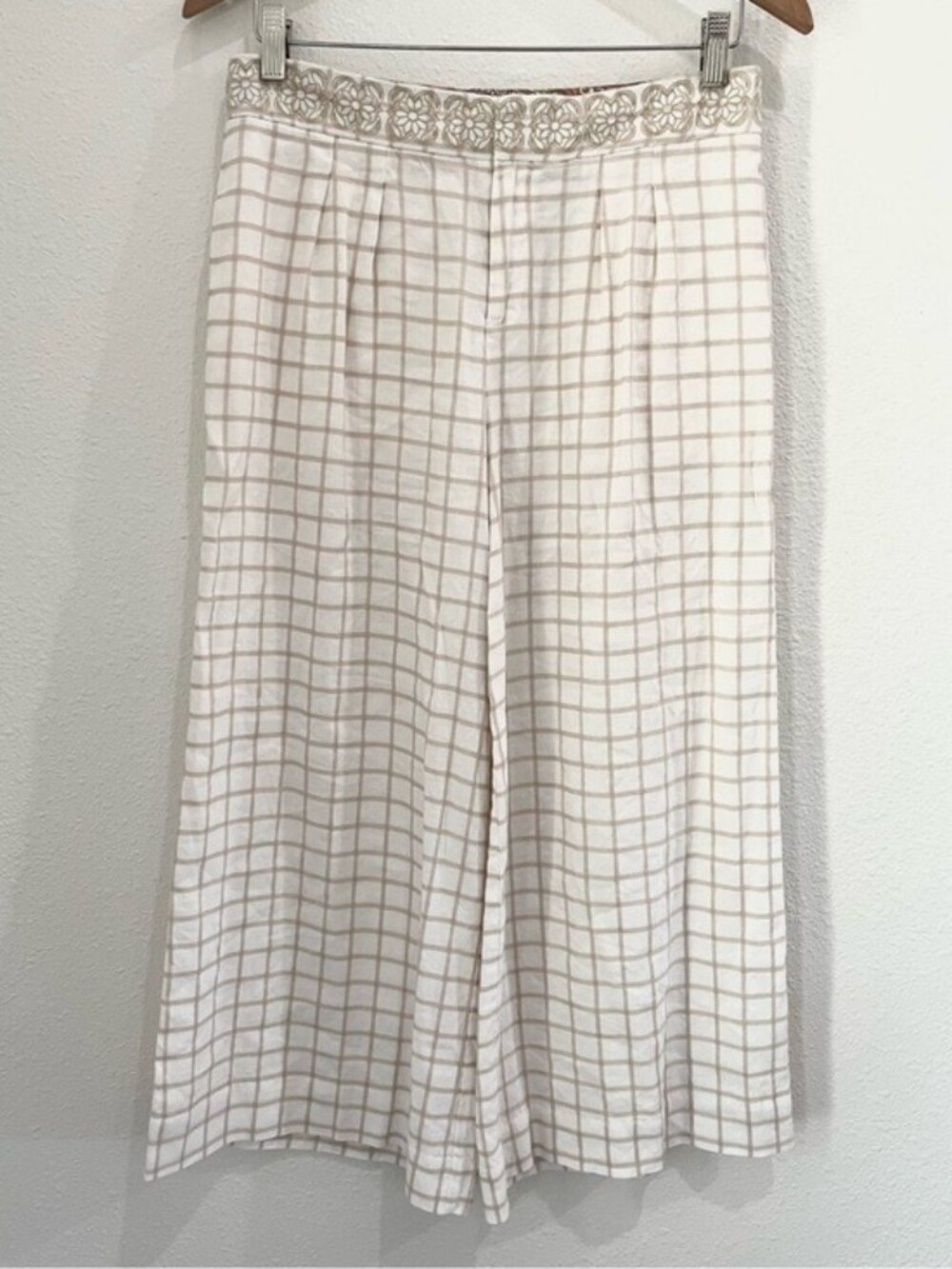 Anthropologie Wide Leg Linen Blend Pants Embroidered Cropped Boho Neutral